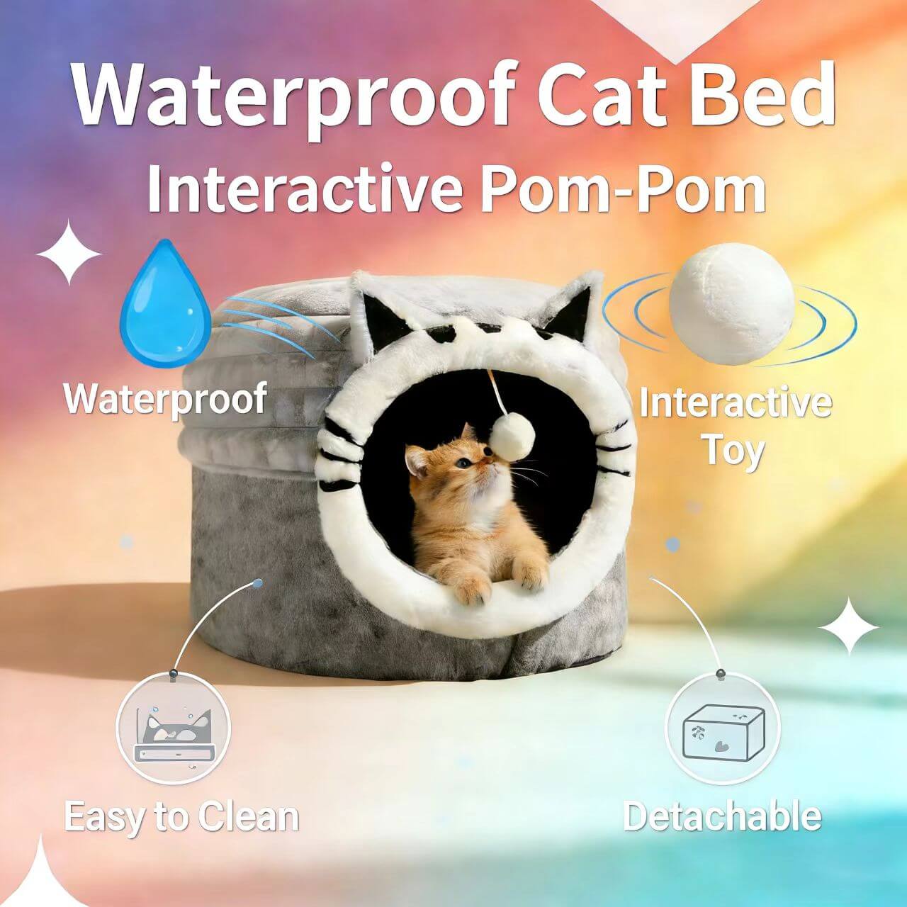 Plush Cat Cave Bed, Gray, Cat Face, Toy Ball, Non-Slip, Machine-Washable Cat Rest Spot