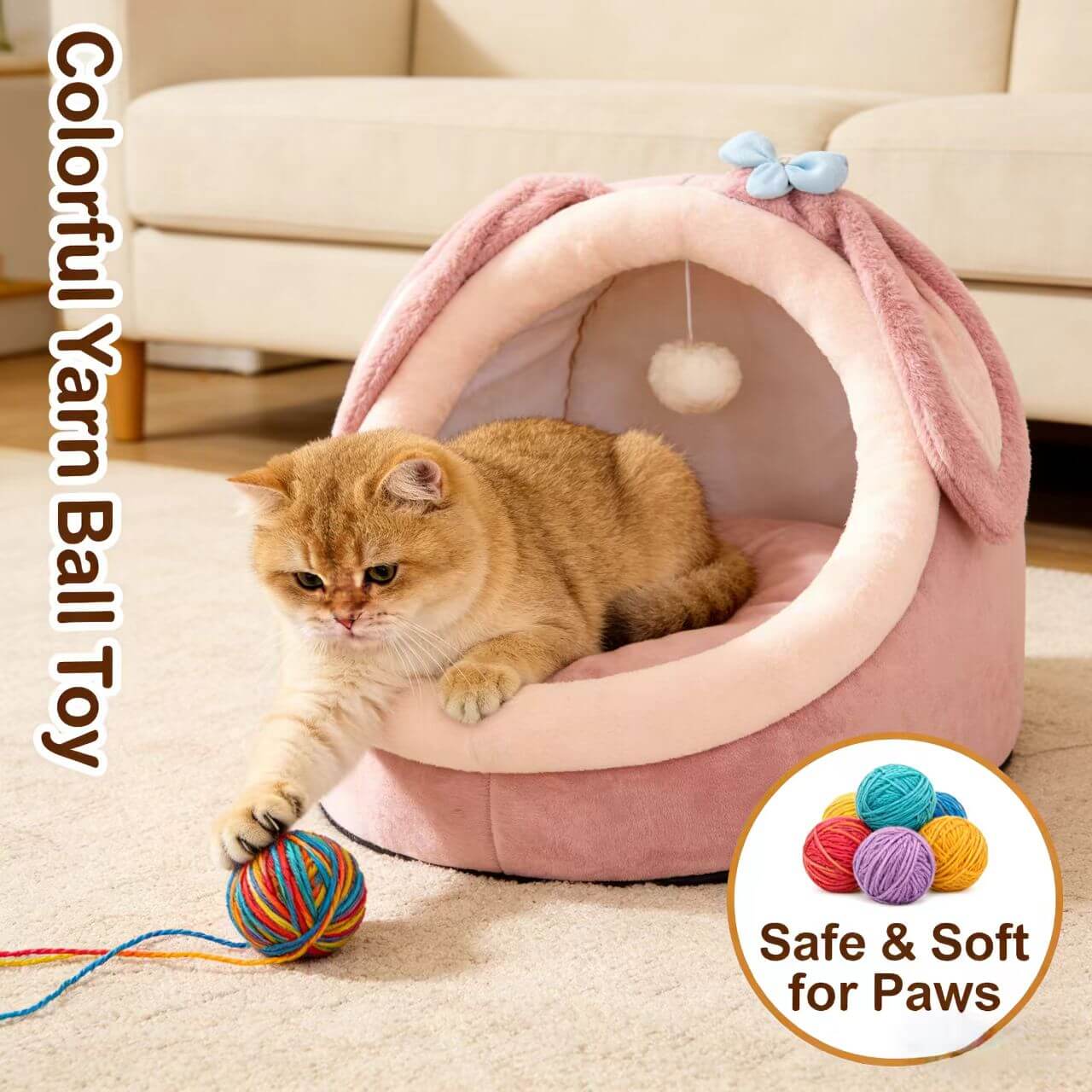 Interactive Comfort Pet Nest: Pink Plush, Rabbit-Ear Design, Built-in Ball Toy for Cats