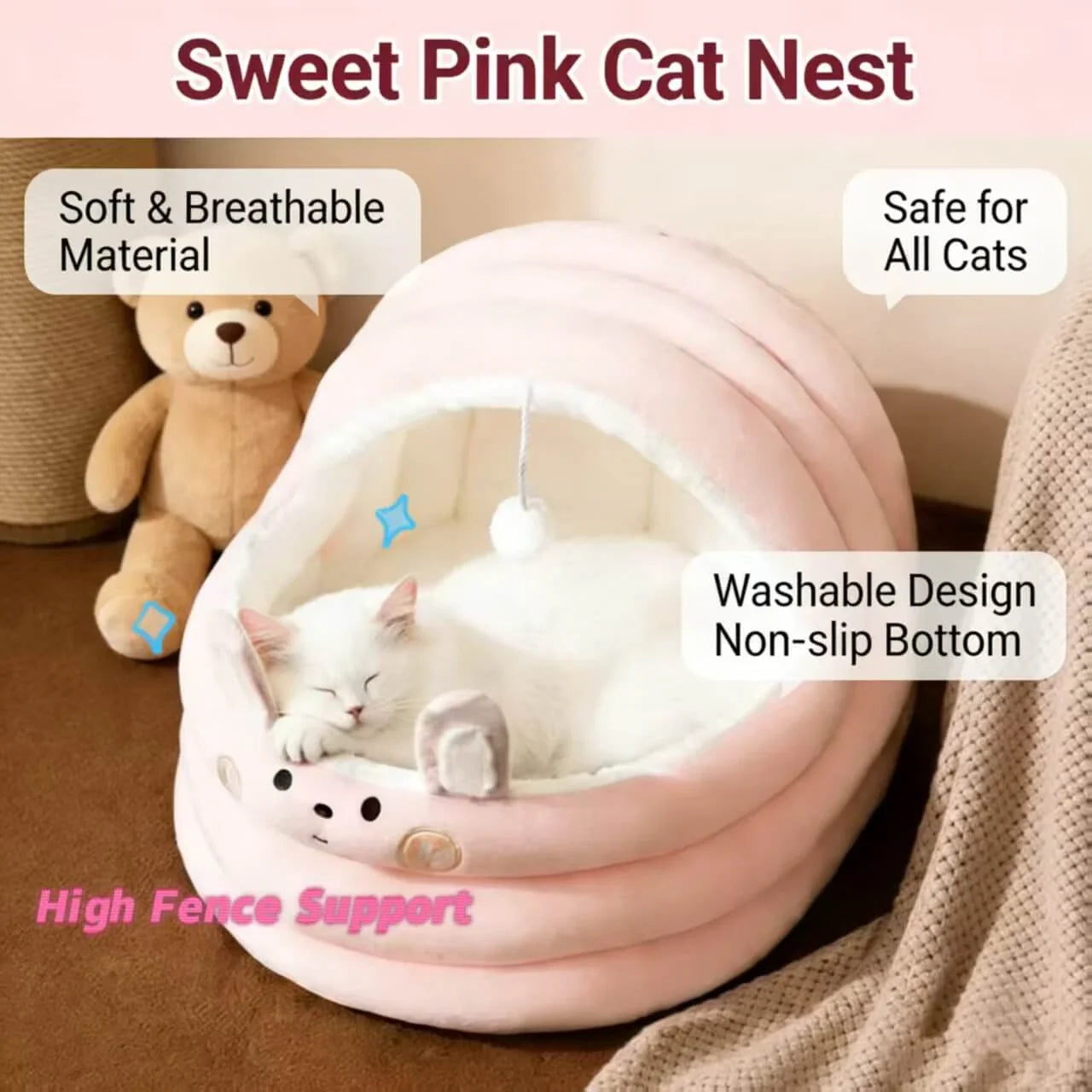 Comfy Seal-Shaped Cat Bed: Gray-White Plush, Built-in Toy Ball for Cats