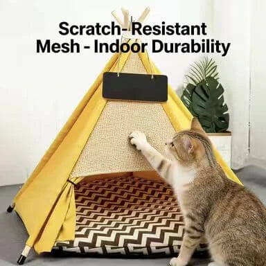 Cat Teepee Tent Bed, Yellow, Chalkboard Tag, Cushioned, Cat Sleeping Bed