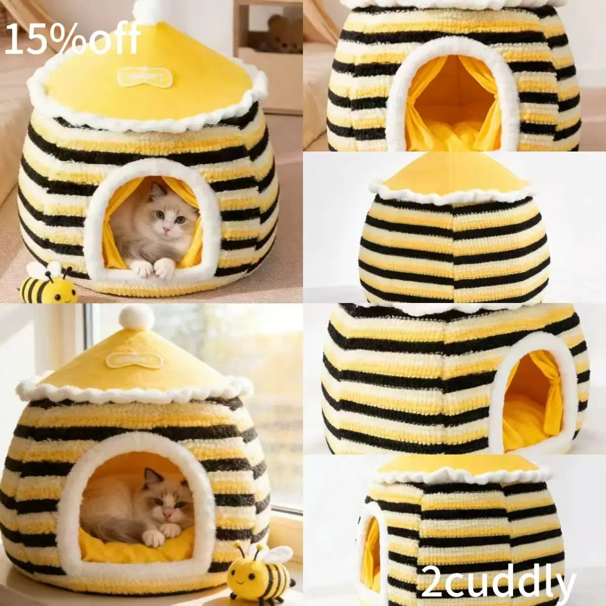 Bee-Style Plush Cat Cave Bed, Yellow/Black, Ruffled Trim, Cozy Cat Rest Spot