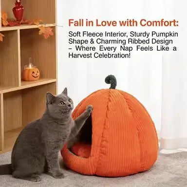Pet Cave Bed, Pumpkin-Style, Orange Corduroy, 2 Sizes, Small-Medium Pet Bed
