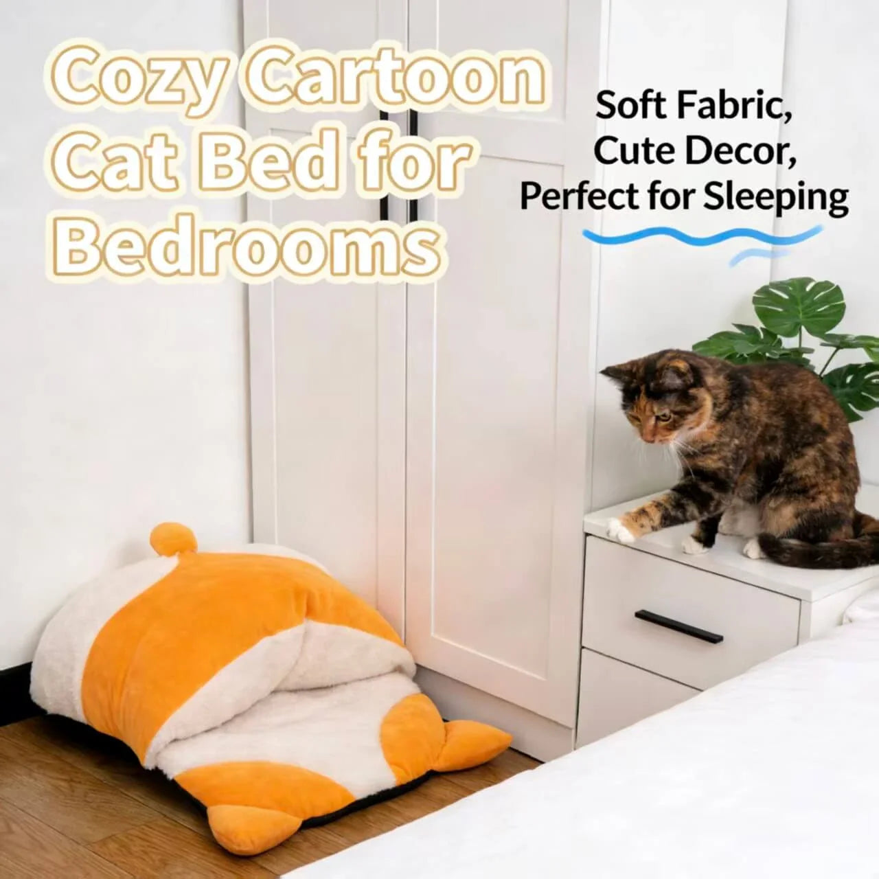 Warm Pet Cave for Cats - Corgi Butt Design, Plush, Orange/White Rest Cushion
