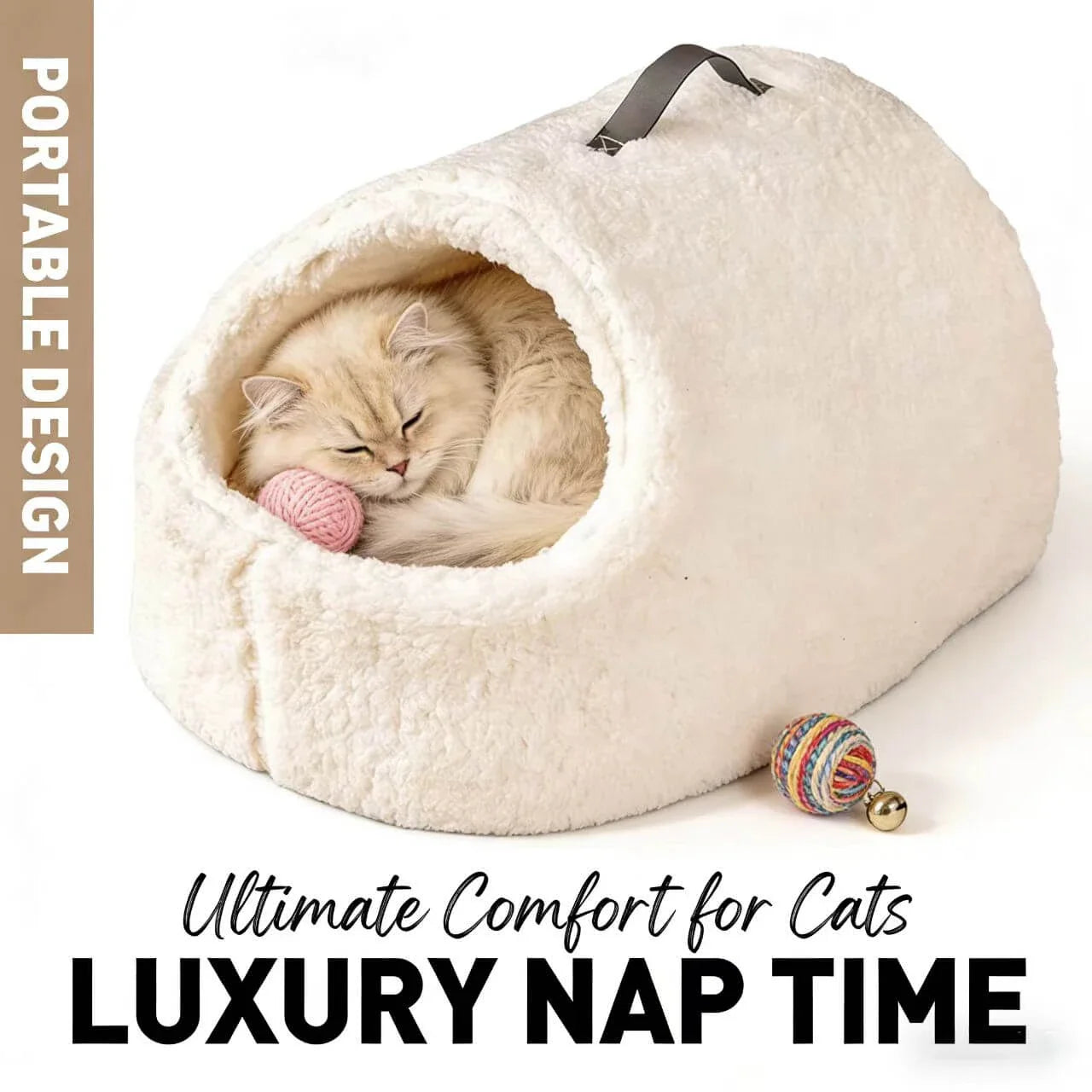 Warm Enclosed Cat Bed - Sherpa Fabric, Beige Cave-Style, Portable Handle Rest Nest