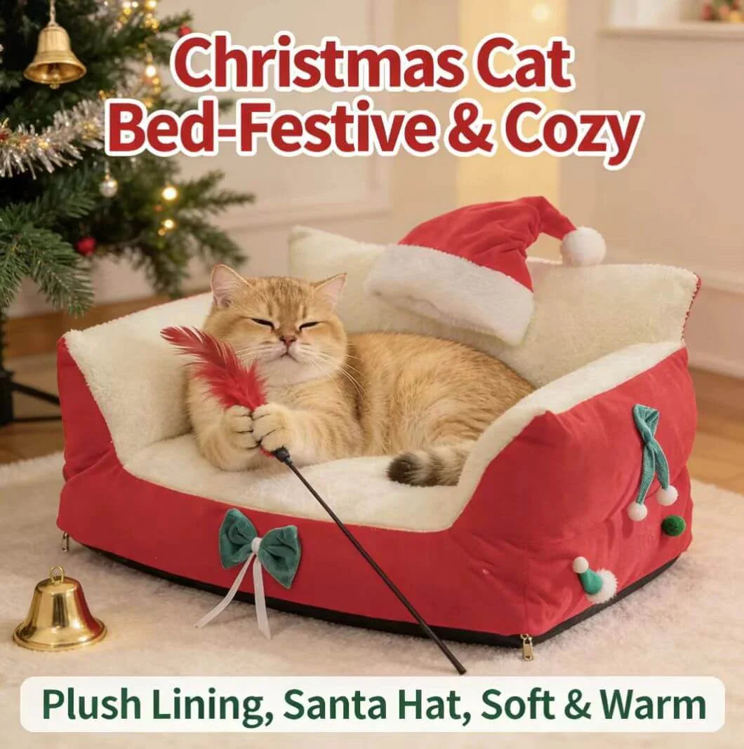 Cozy Holiday Pet Sofa for Cats - Xmas Design, Plush, Red/White Rest Bed