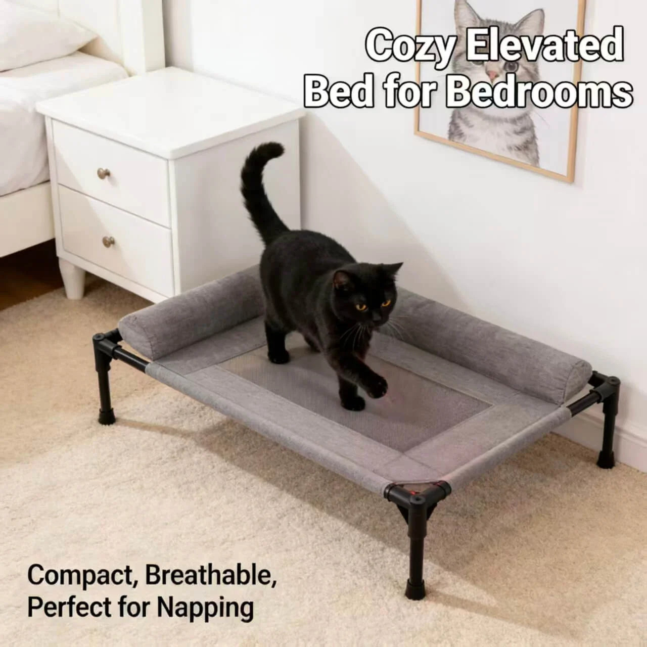 Breathable Pet Cot for Cats - Steel Legs, Mesh Linen, Blue Raised Rest Bed