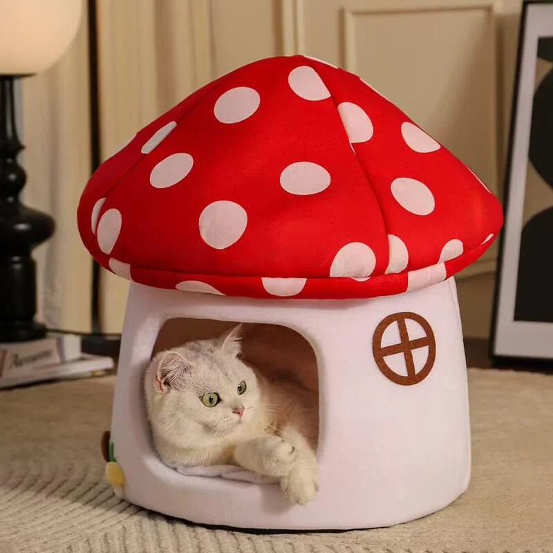 Warm Pet House for Cats - Mushroom Design, Plush, Red Polka Dot Rest Cave