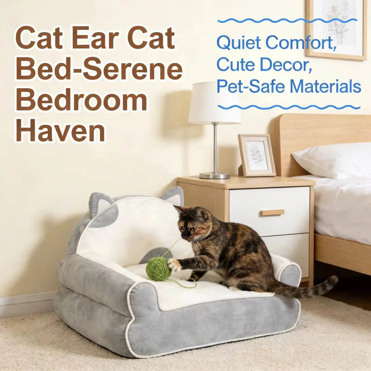 Soft Cushioned Pet Chair for Cats - Cat Ear Design, Plush, Grey/Beige Rest Sofa