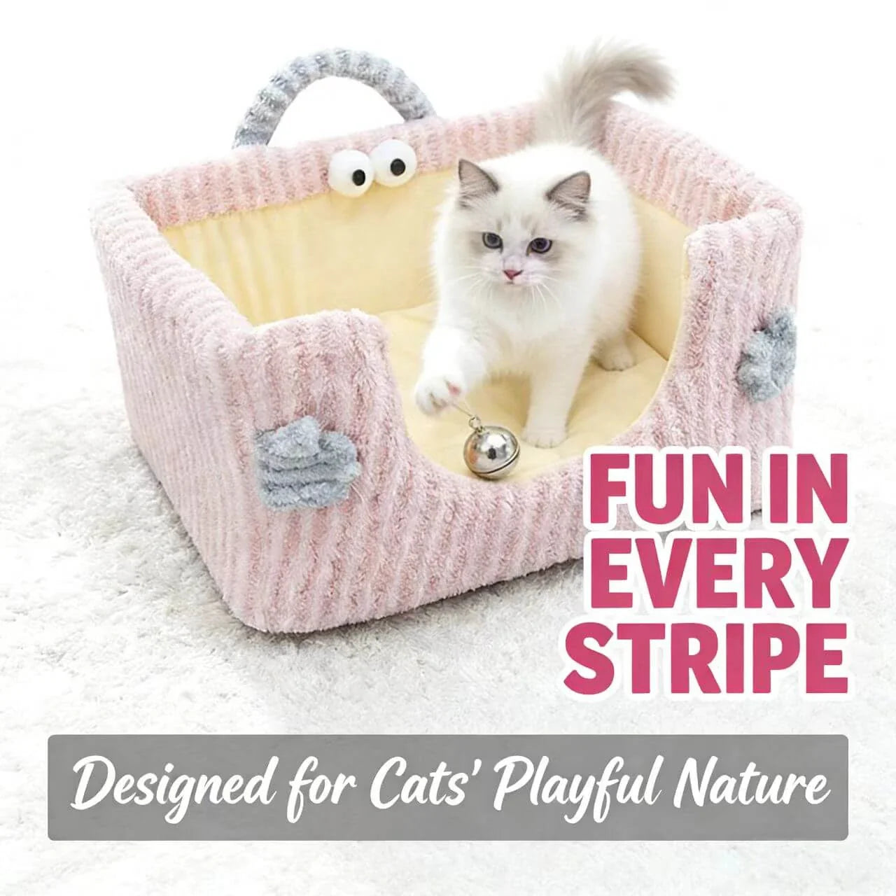 Soft Cat Bed - Monster-Shaped, Striped Plush Fabric, Pink, Portable Handle for Cozy Rest