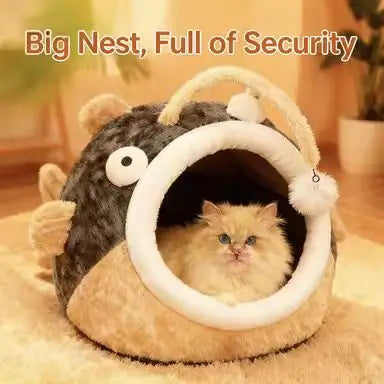 Plush Pet Cave Bed, Fish-Style, Brown/Gray, Secure, Comfortable Sleeping Bed for Cats