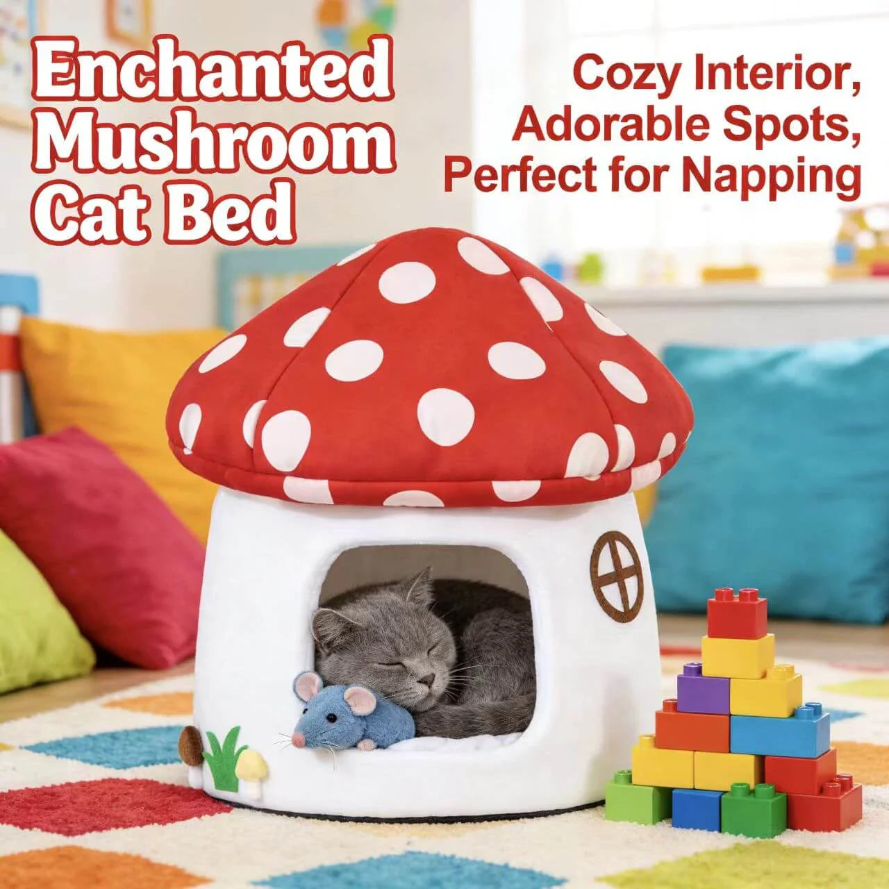 Warm Pet House for Cats - Mushroom Design, Plush, Red Polka Dot Rest Cave