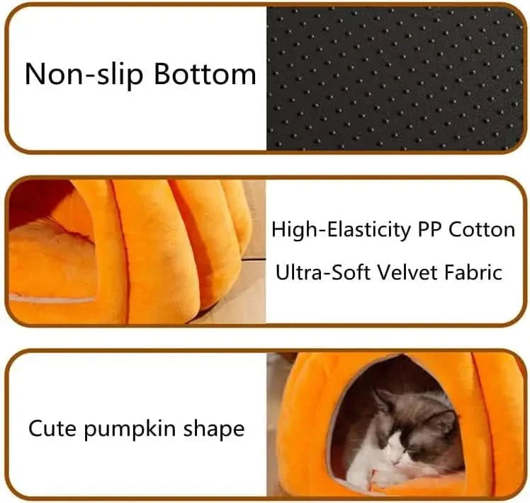 Cozy Pumpkin Cat Cave Bed for Indoor Cats & Small Dogs, Plush Warm Removable Cushion