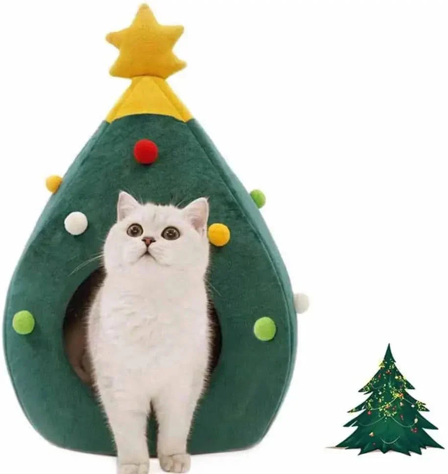 Cozy Christmas Tree Pet Bed Cave for Cats Small Dogs, Festive Igloo House