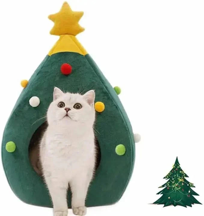 Cozy Christmas Tree Pet Bed Cave for Cats Small Dogs, Festive Igloo House