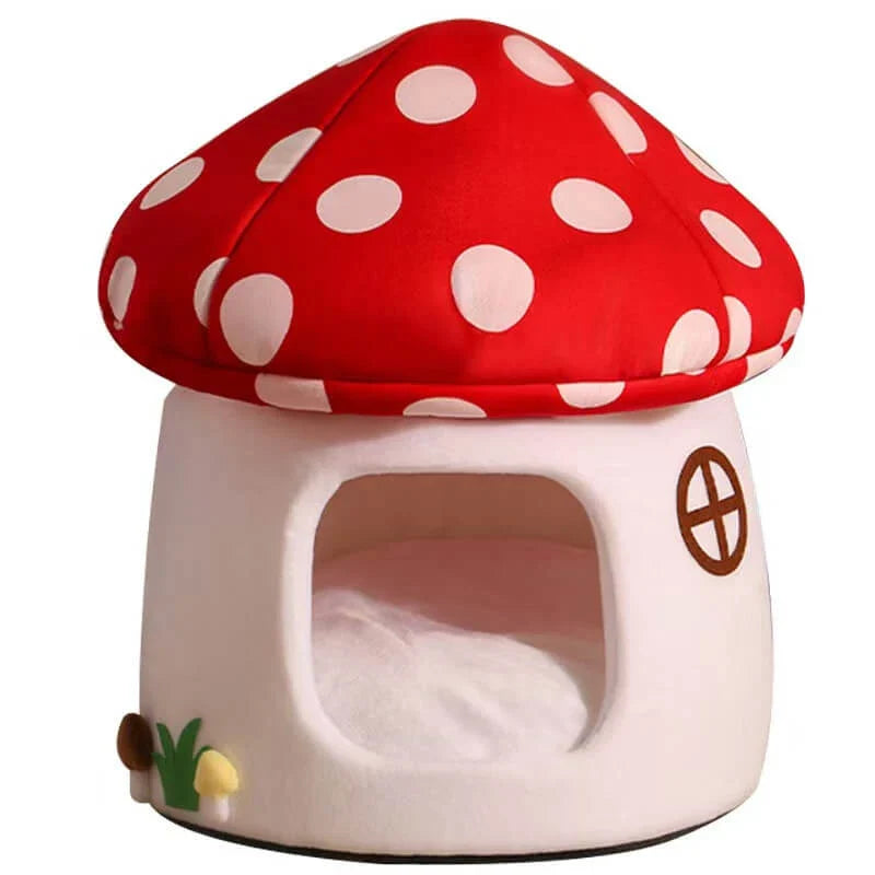 Warm Pet House for Cats - Mushroom Design, Plush, Red Polka Dot Rest Cave