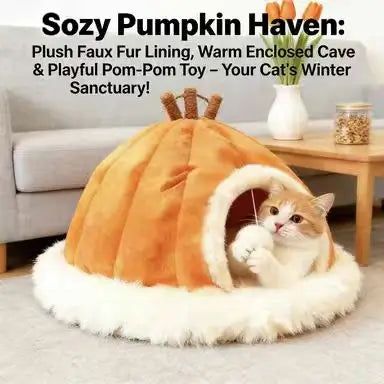 Cat Cave Bed, Pumpkin-Style, Orange Plush, Fall Aesthetic, Cozy Cat Sleeping Bed