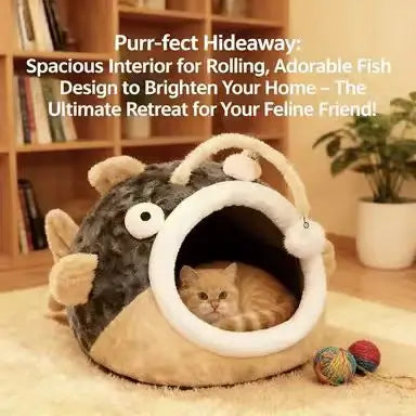 Plush Pet Cave Bed, Fish-Style, Brown/Gray, Secure, Comfortable Sleeping Bed for Cats