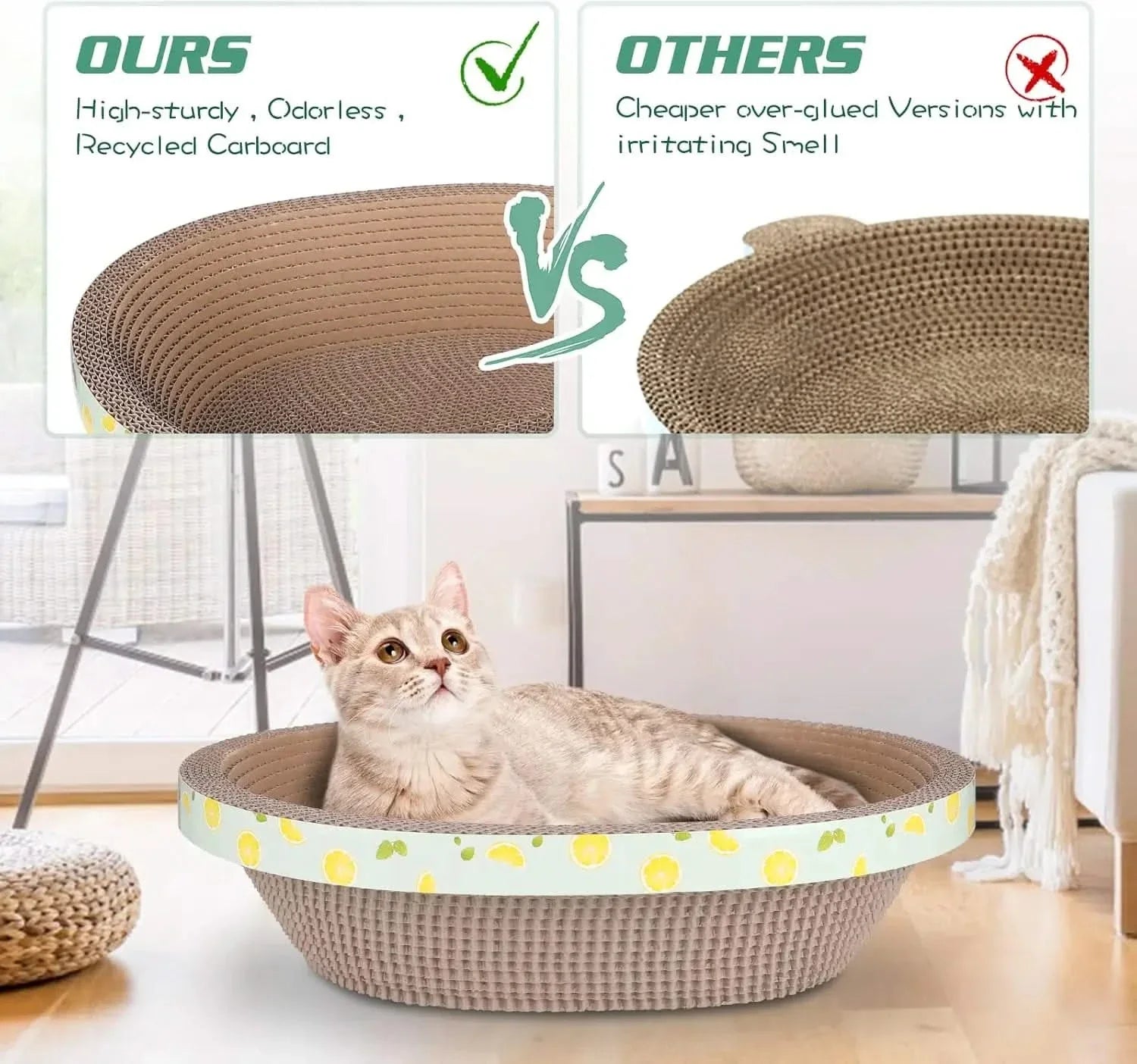 Durable Oval Cardboard Cat Scratcher Bed Lounger for Indoor Cats