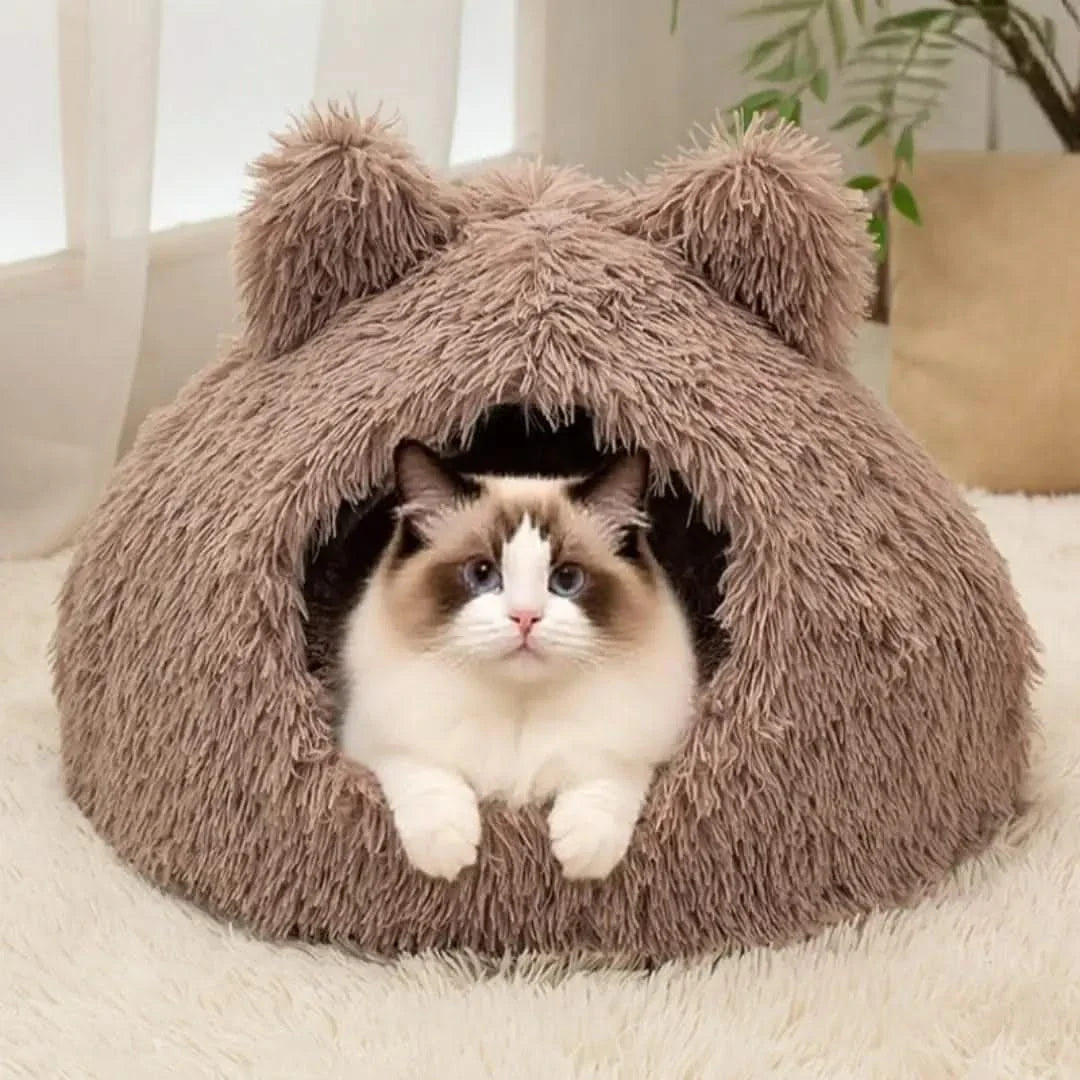 Cozy Plush Cat Cave Bed for Indoor Cats, Self-Warming Washable Cushion