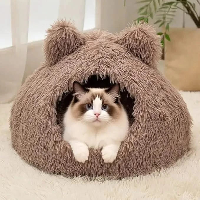Cozy Plush Cat Cave Bed for Indoor Cats, Self-Warming Washable Cushion