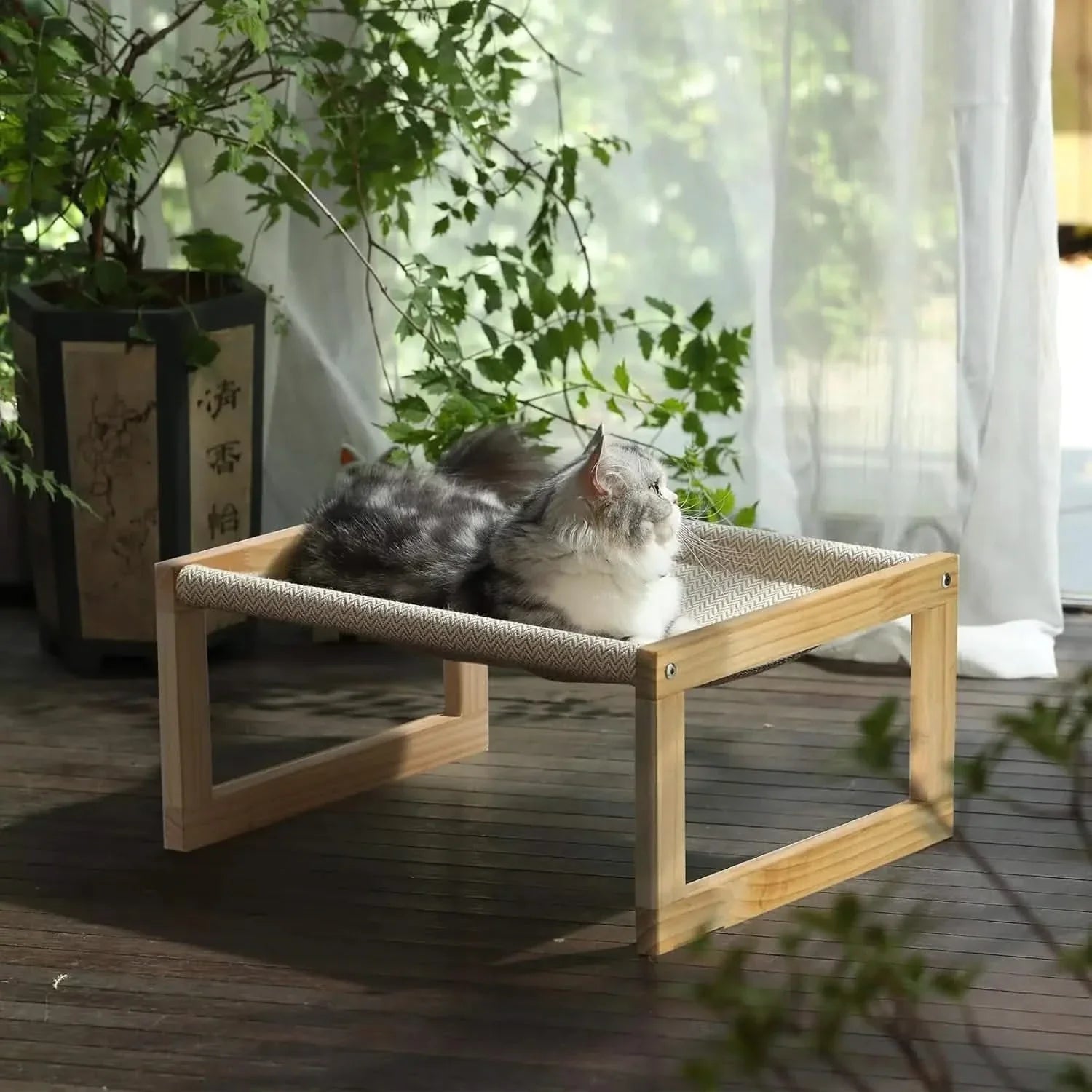 FUKUMARU Elevated Pet Hammock: Breathable Wooden Frame Cat Dog Bed