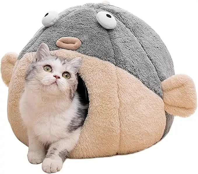 Cozy Pufferfish Cat Cave Bed with Washable Pillow, Soft Plush for Indoor Cats