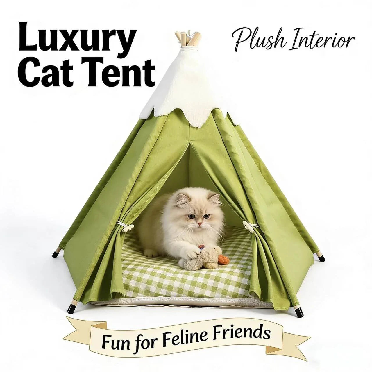 Soft Cat Teepee Tent - Canvas Material, Green, Gingham Cushion for Cozy Rest