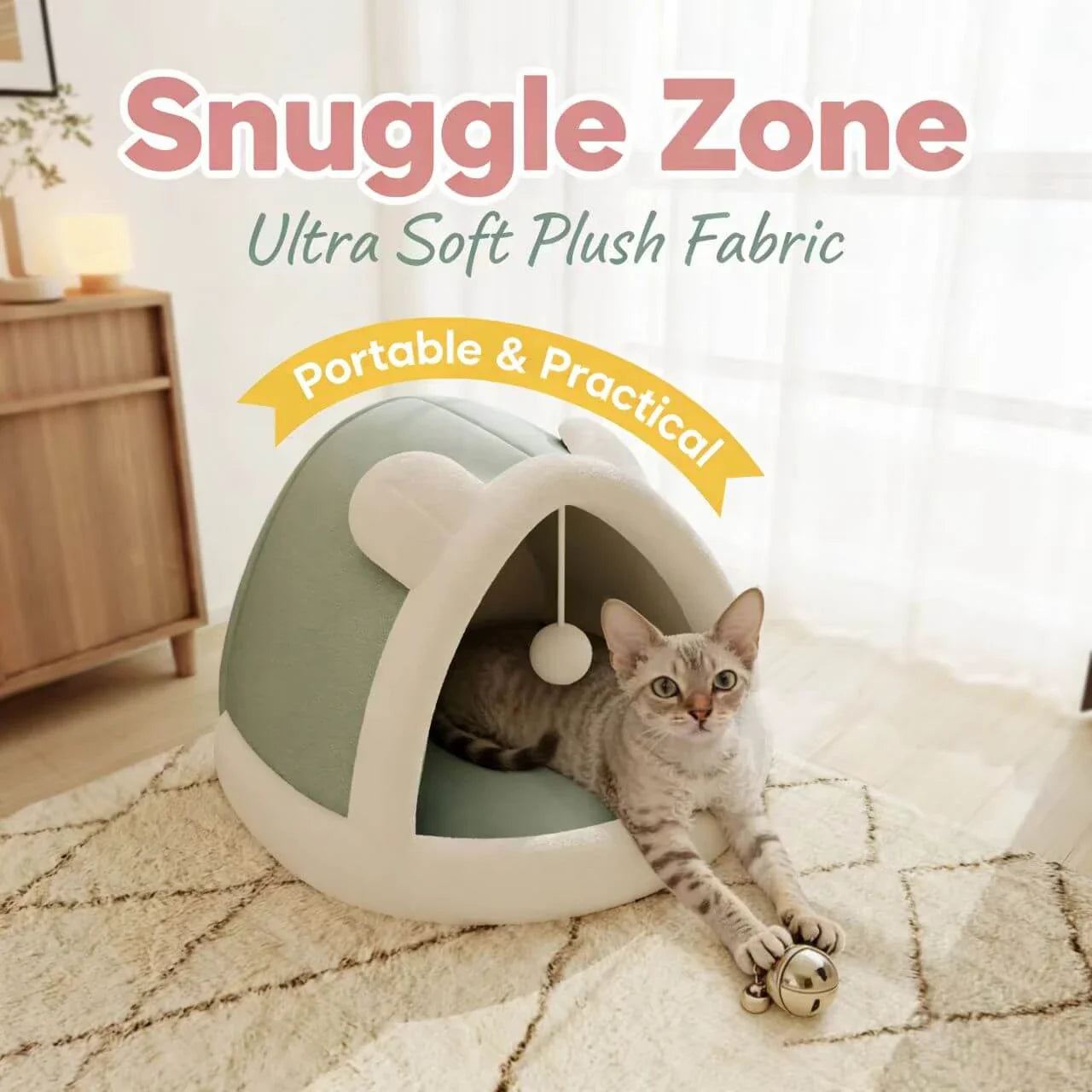 Warm Enclosed Cat Nest - Bear Shape, Soft Plush, Green/White, Hanging Toy for Play