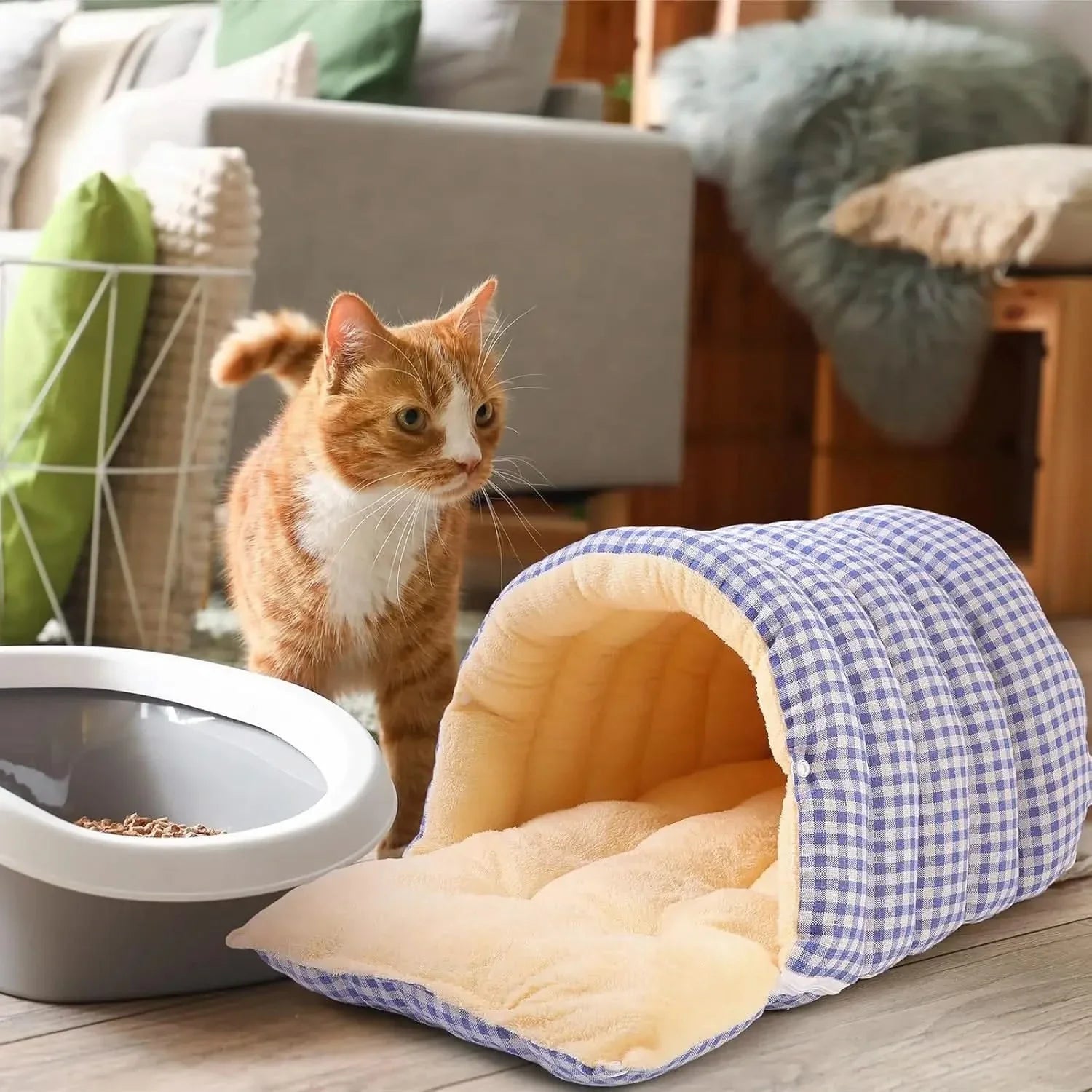 Novabright Gingham Checkered Cat Cave Bed – Thickened Warm Pet Sleep Bag