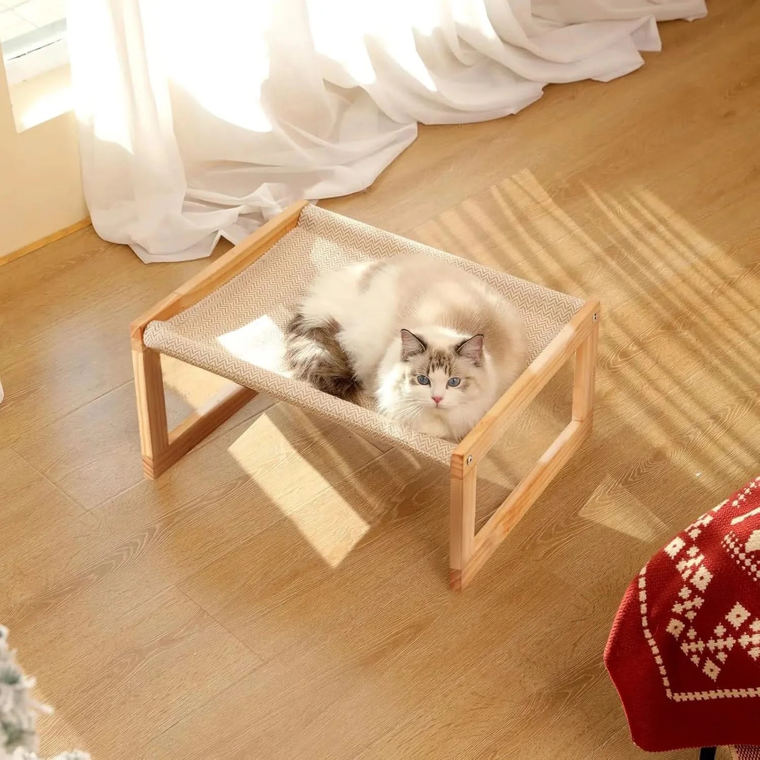FUKUMARU Elevated Pet Hammock: Breathable Wooden Frame Cat Dog Bed