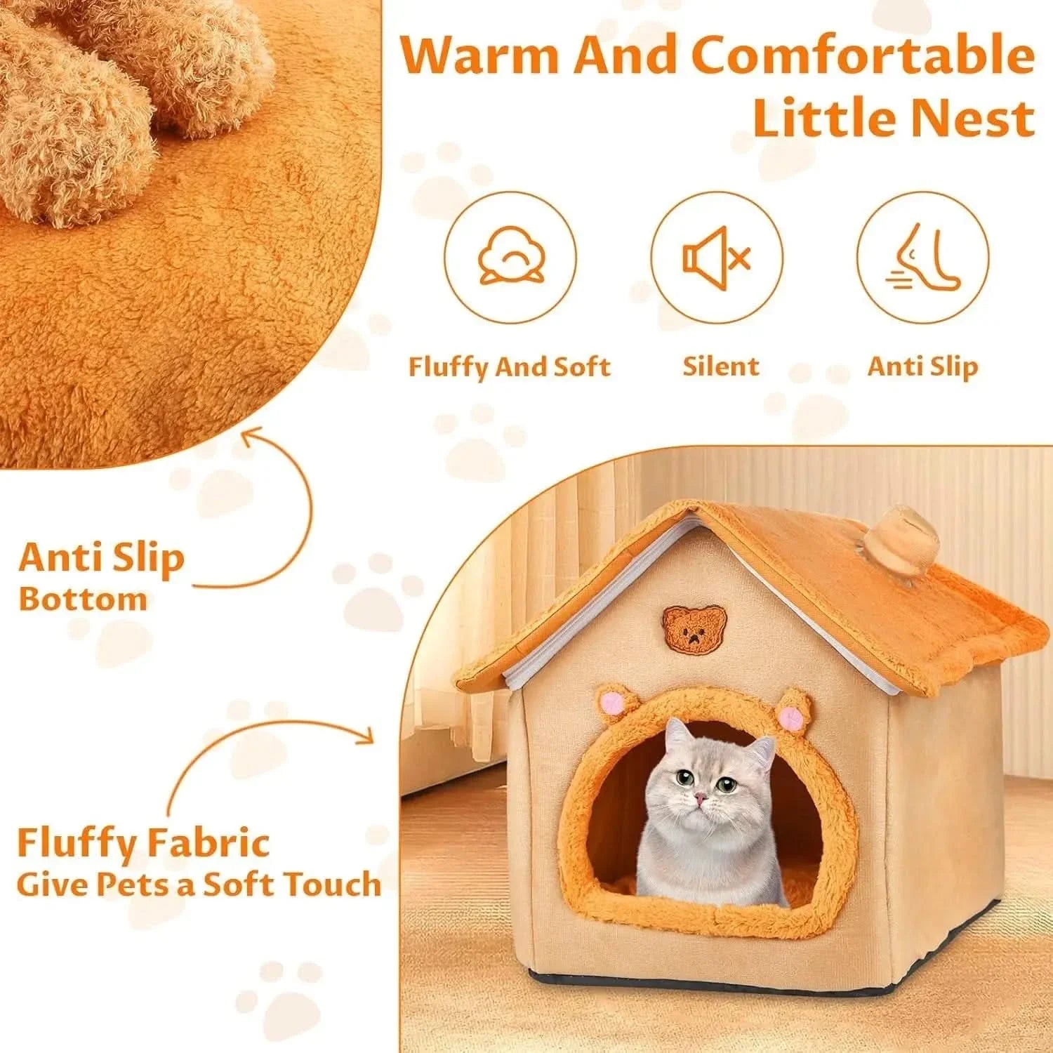 Plush Orange Indoor Cat Dog House Tent Bed - Non-Slip Cozy Comfort