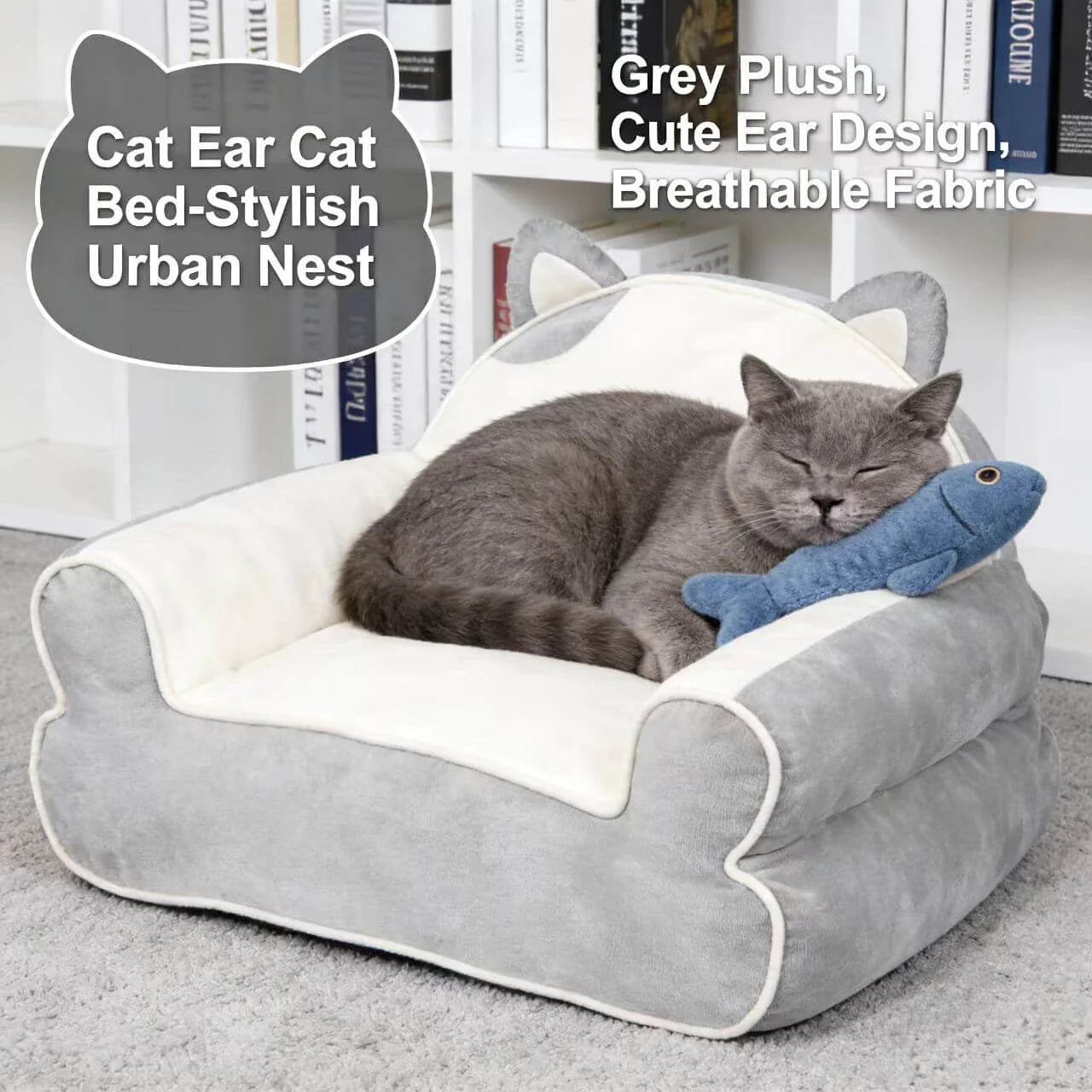 Soft Cushioned Pet Chair for Cats - Cat Ear Design, Plush, Grey/Beige Rest Sofa