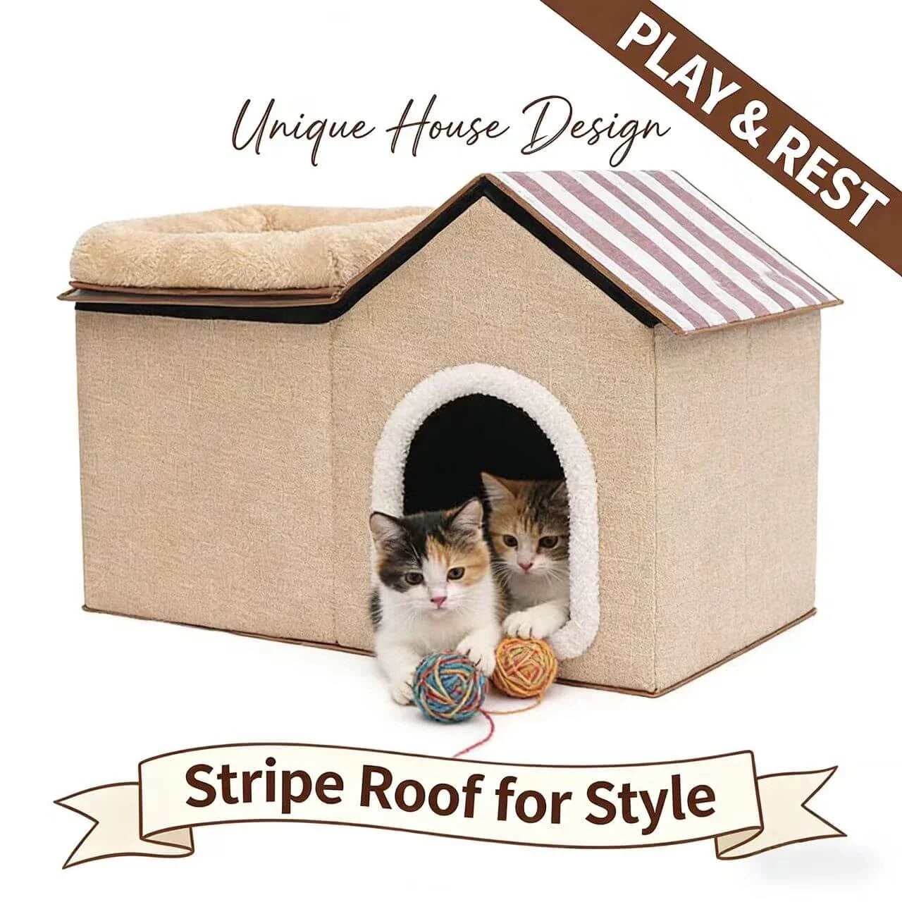 2-in-1 Cat Bed & House - Cottage Shape, Linen + Plush, Beige Enclosed Rest Space