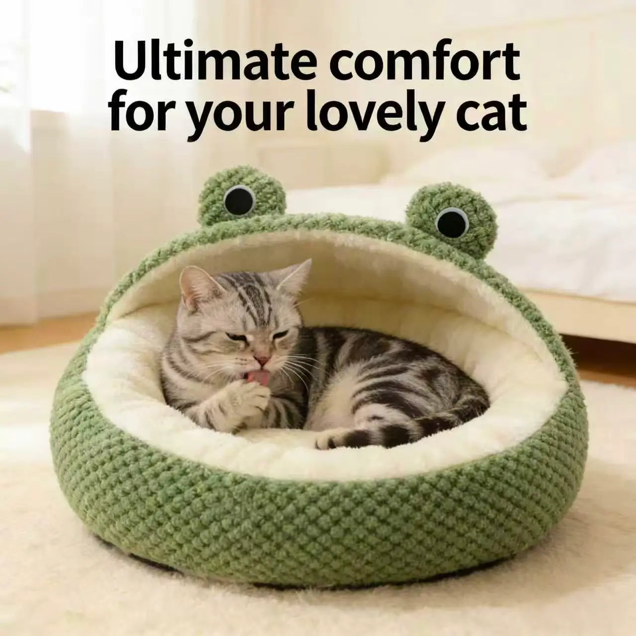 Warm Cuddler Pet Bed: Frog Design, Plush Lined (Green-White, Winter)