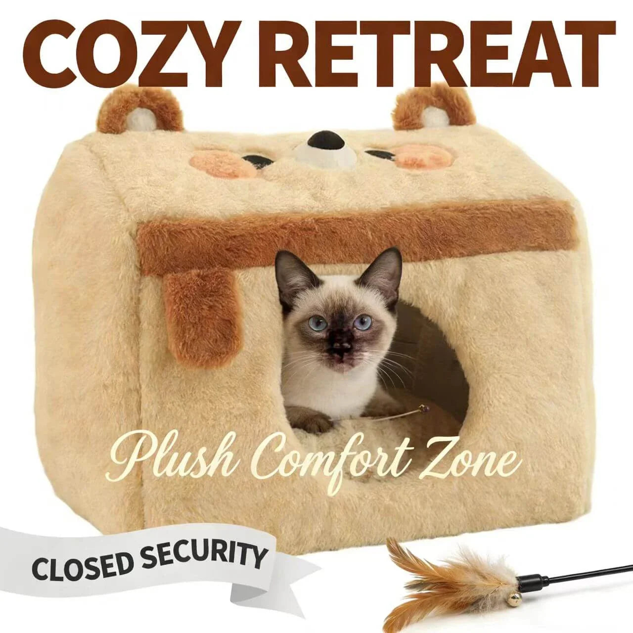 Warm Enclosed Pet House for Cats - Bear Shape, Soft Plush, Beige Rest Cottage