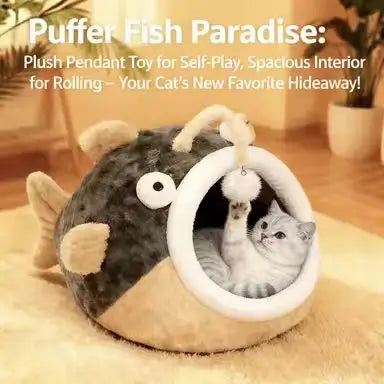 Plush Pet Cave Bed, Fish-Style, Brown/Gray, Secure, Comfortable Sleeping Bed for Cats