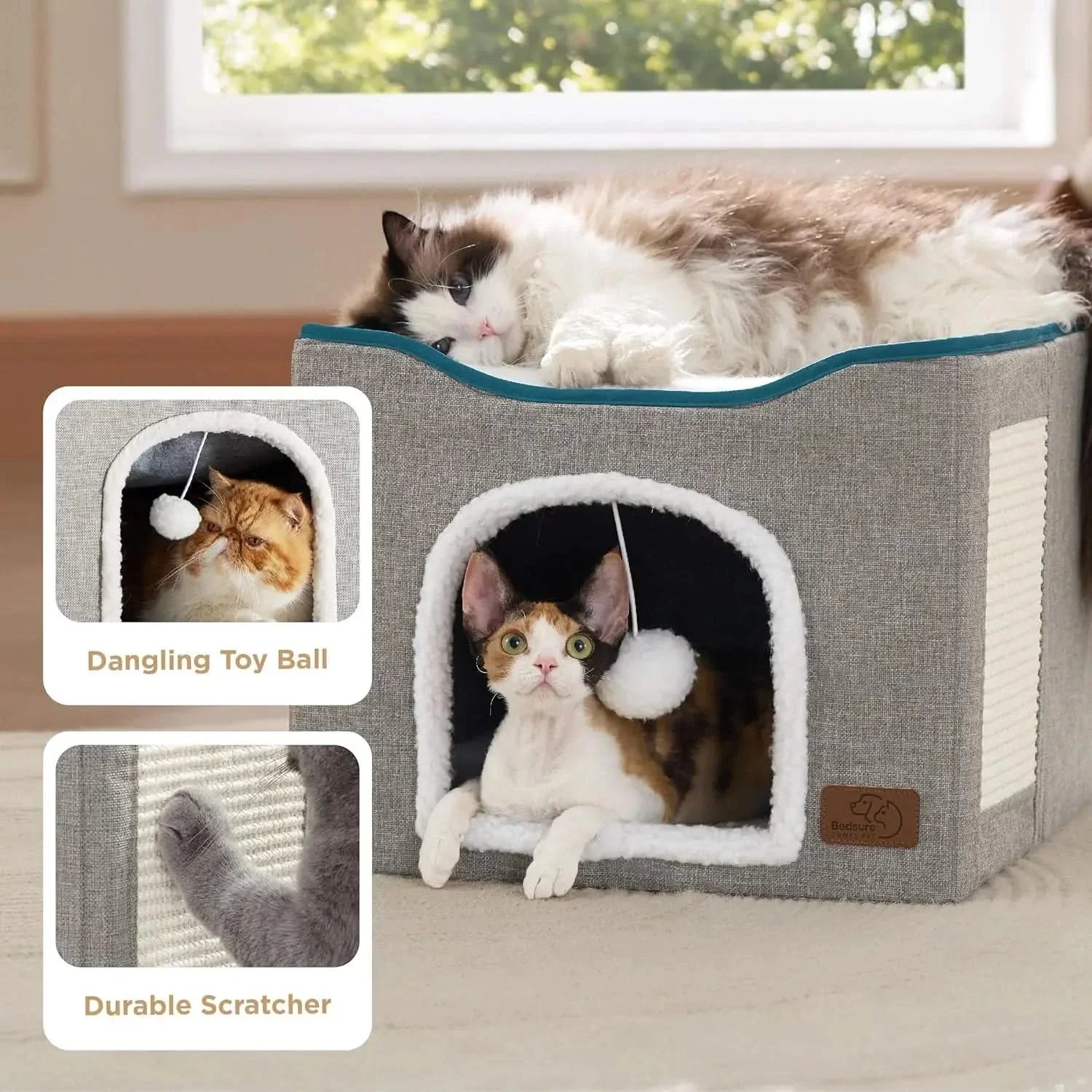 Bedsure Large Cozy Cat Cave Hideaway House, Scratch Pad, Plush Toy