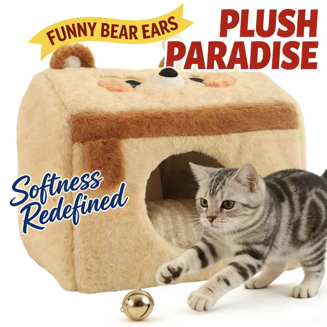 Warm Enclosed Pet House for Cats - Bear Shape, Soft Plush, Beige Rest Cottage