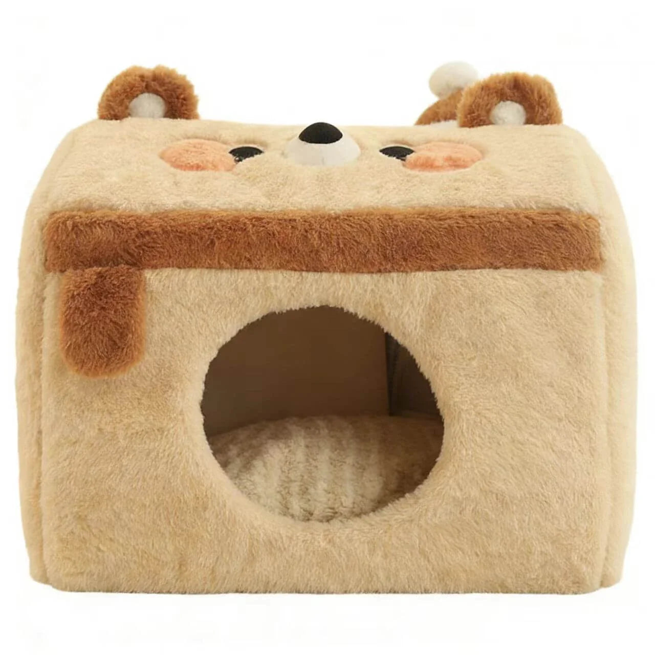 Warm Enclosed Pet House for Cats - Bear Shape, Soft Plush, Beige Rest Cottage