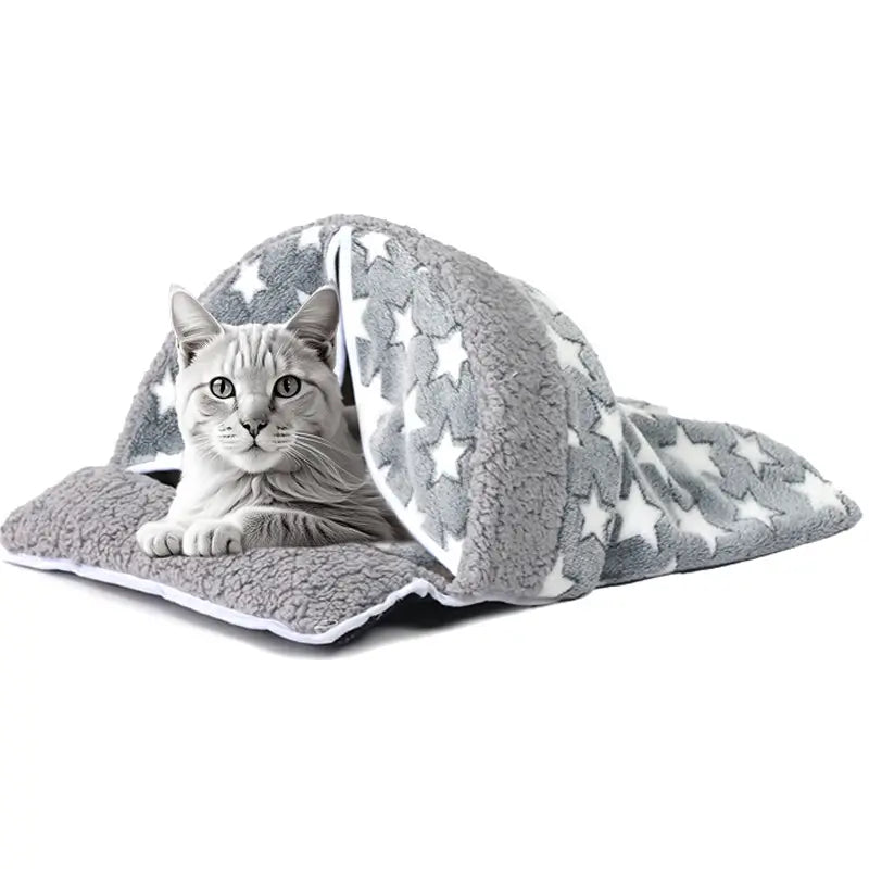 Star-Patterned Cat Bed: Cozy Hideaway, Plush Surface, Foldable Design (Gray-White)