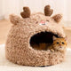 Warm Enclosed Cat Bed: Reindeer Design, Fluffy Plush Fabric (Brown, Winter)