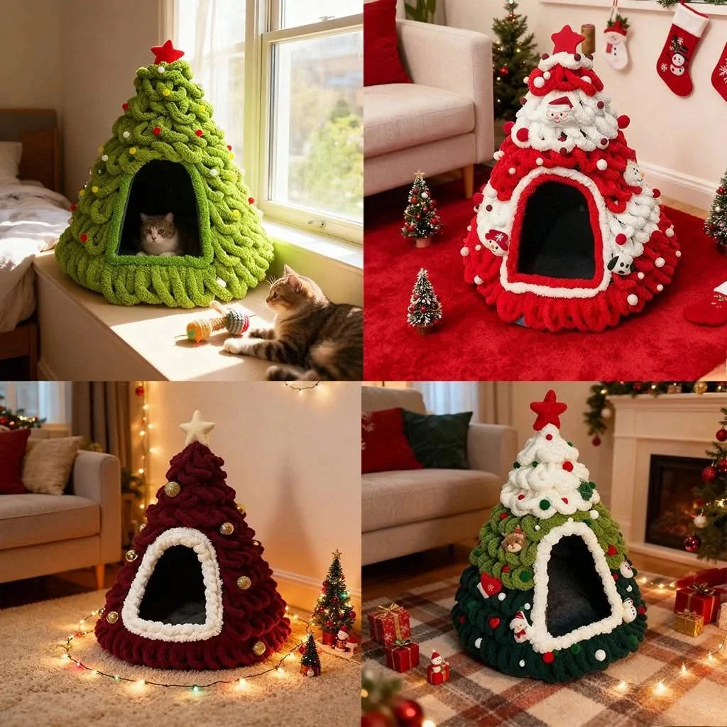 Cozy Christmas Tree Cat Nest: Handmade Felt Pet House for Winter Warmth & Comfort