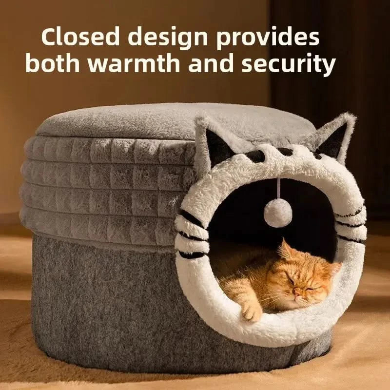 Cozy Enclosed Winter Cat Bed House - Warm Pet Nest for Kittens