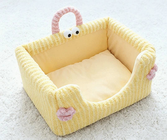 Soft Cat Bed - Monster-Shaped, Striped Plush Fabric, Pink, Portable Handle for Cozy Rest