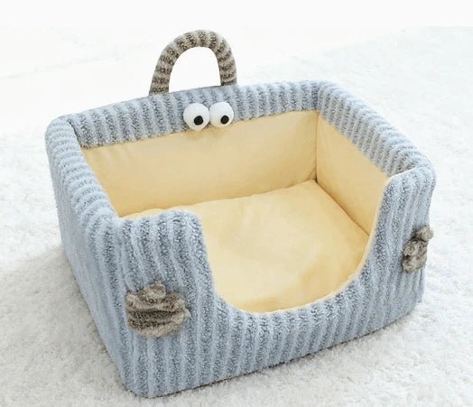 Soft Cat Bed - Monster-Shaped, Striped Plush Fabric, Pink, Portable Handle for Cozy Rest