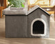 2-in-1 Cat Bed & House - Cottage Shape, Linen + Plush, Beige Enclosed Rest Space