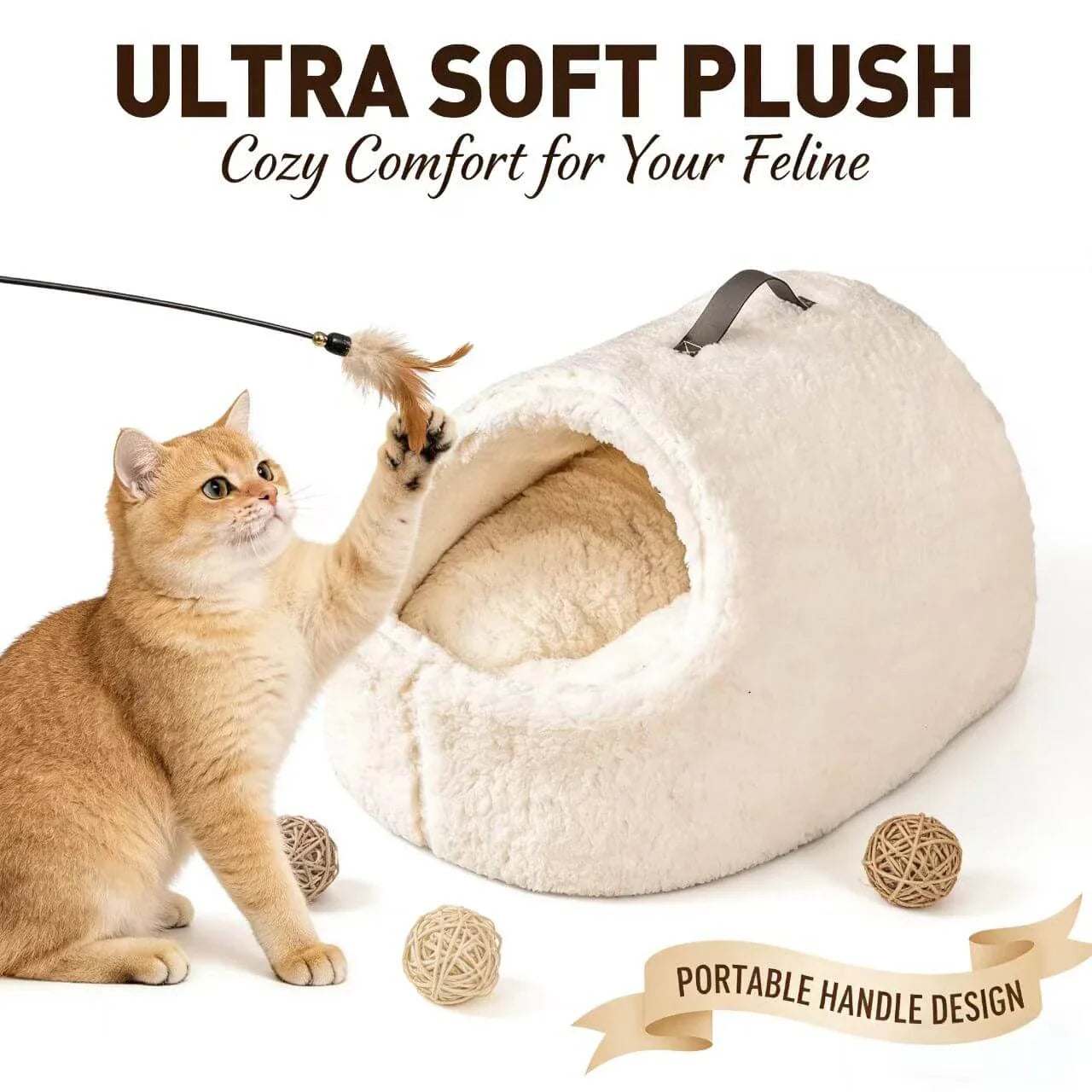 Warm Enclosed Cat Bed - Sherpa Fabric, Beige Cave-Style, Portable Handle Rest Nest