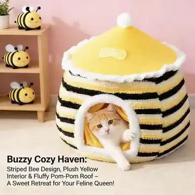 Bee-Style Plush Cat Cave Bed, Yellow/Black, Ruffled Trim, Cozy Cat Rest Spot