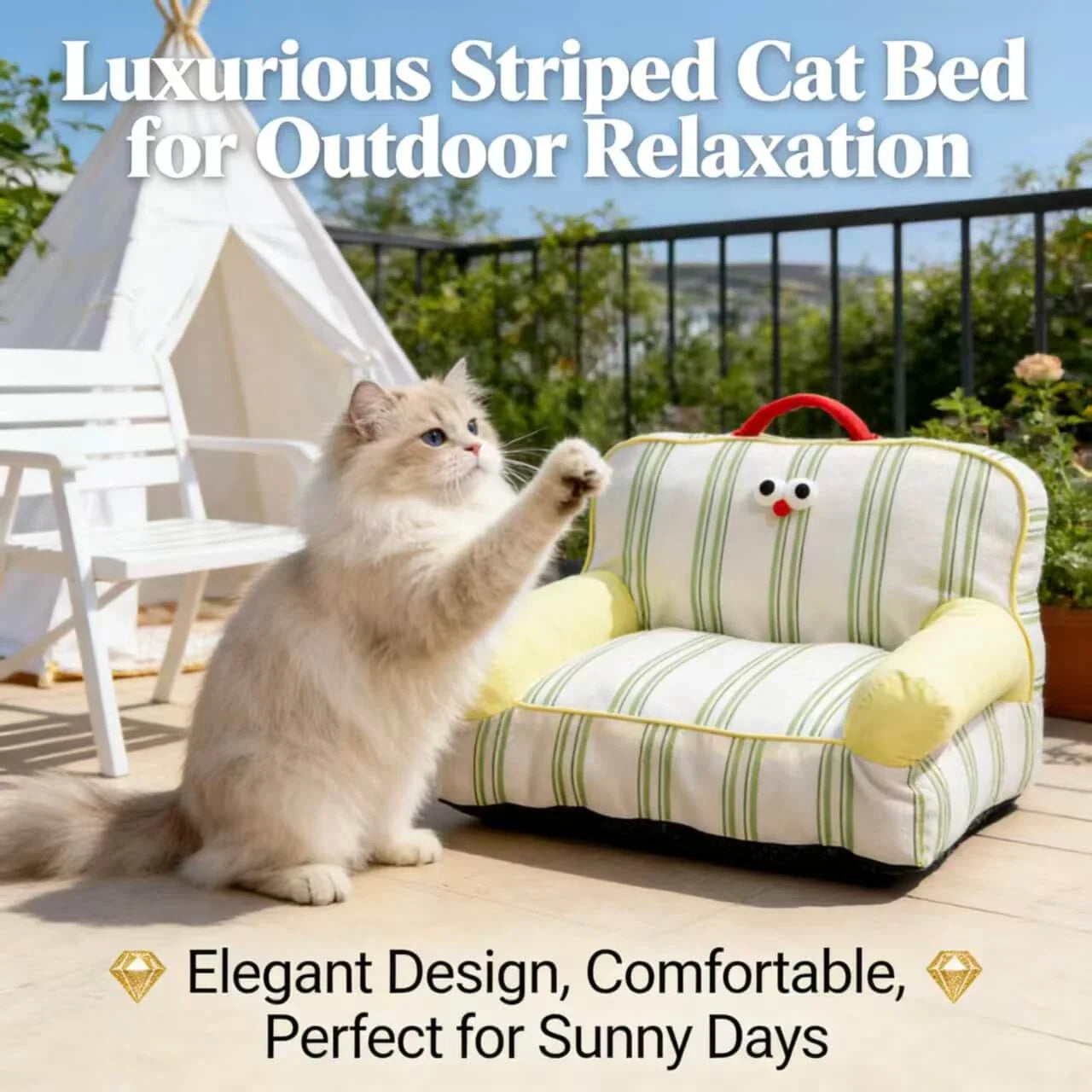 Soft Cushioned Pet Chair for Cats - Striped Linen, Cartoon Eyes, White/Green Rest Sofa