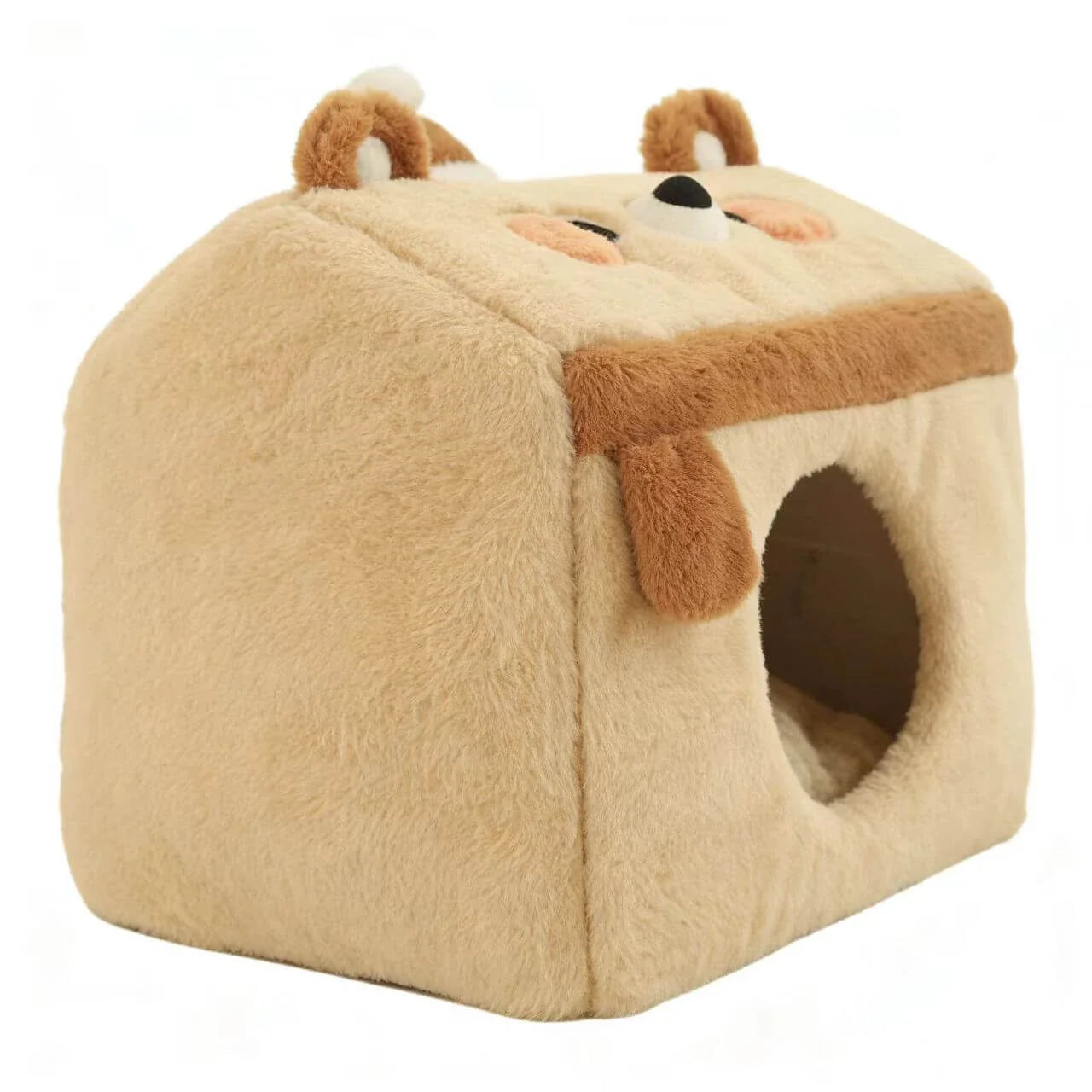 Warm Enclosed Pet House for Cats - Bear Shape, Soft Plush, Beige Rest Cottage